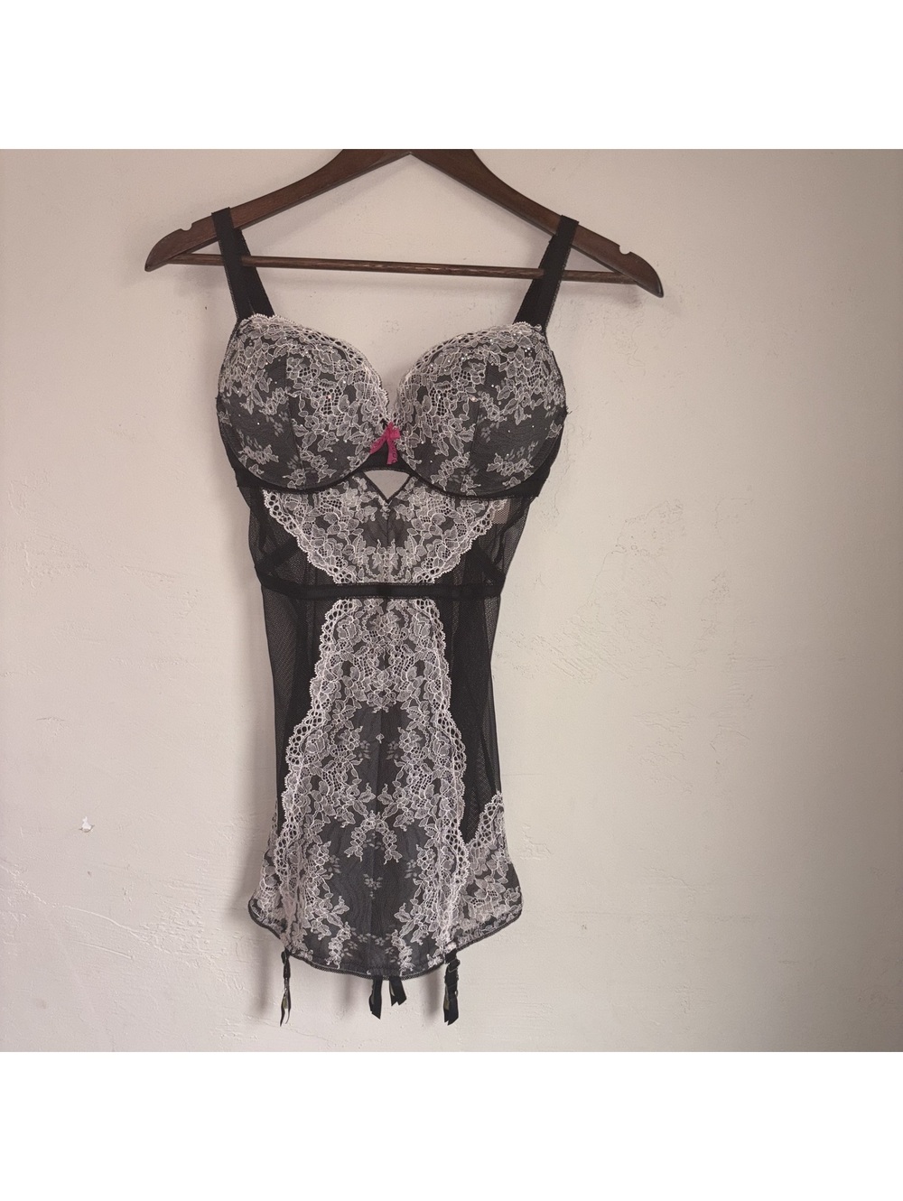 Victoria's Secret Black White Lace Mesh Bustier Corset Top 36C NWT